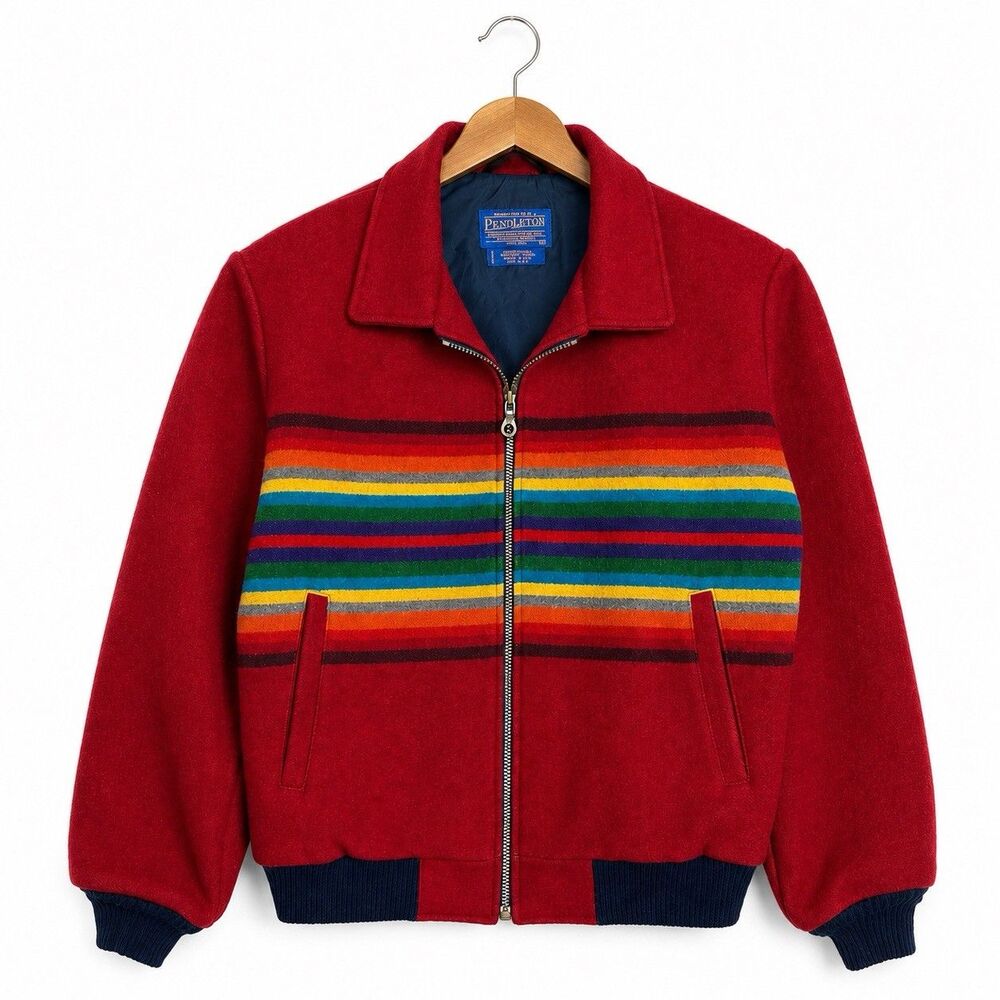 Vintage Pendleton Medium Wool Bomber Jacket USA Red Southwestern Stripe Turtle